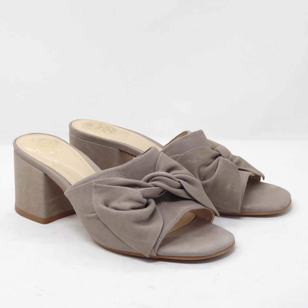 Vince Camuto Sharrey Shimmer Gray Leather Knot Block Heel Mules Sandals 6.5